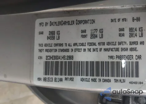 2001 Chrysler 300M z USA, uszkodzony, nr VIN 2C3HE66G41H512969